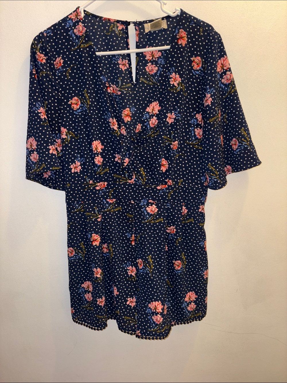 Navy Polka Dot Dress with Pink Floral Print